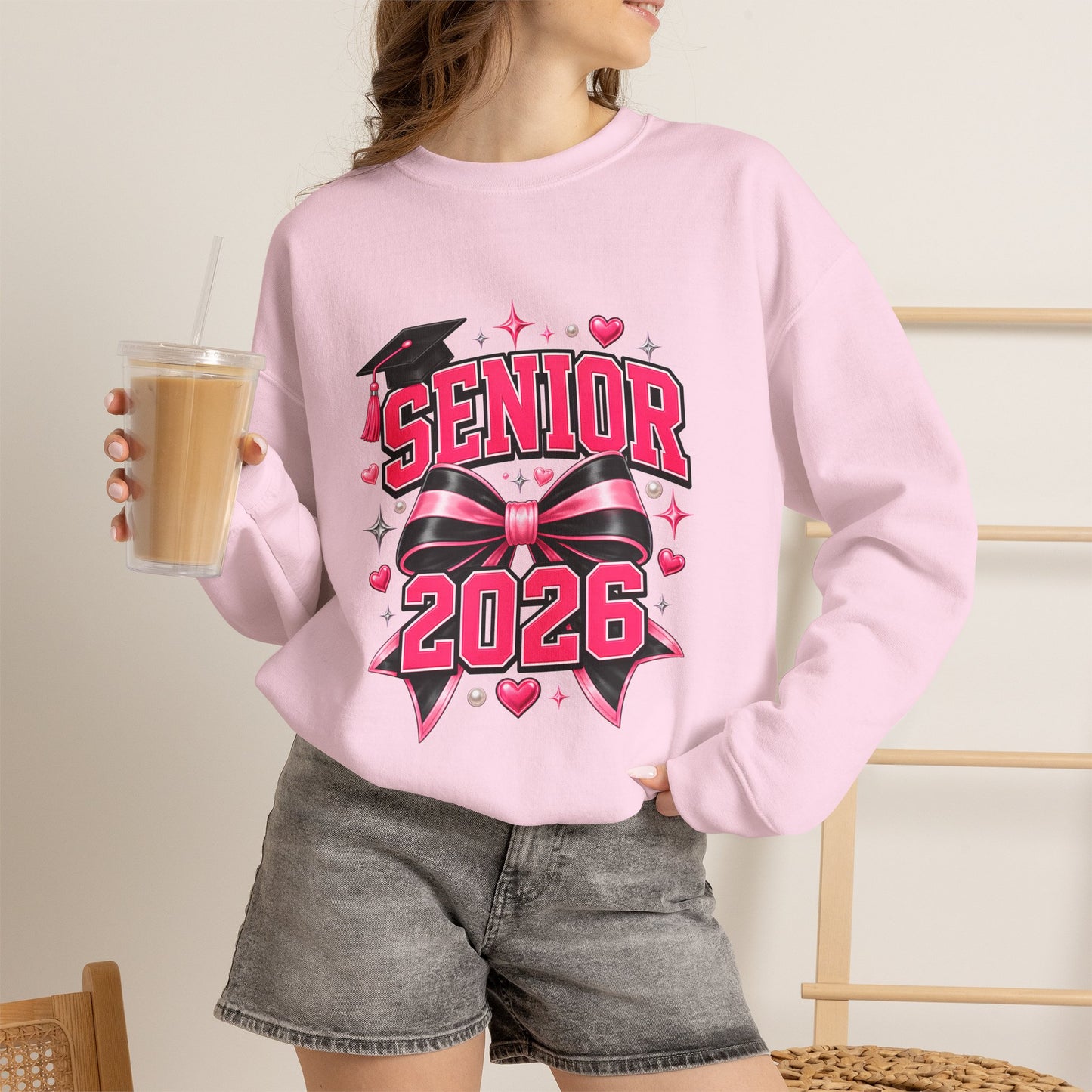 Senior 2026 Sweatshirt, Pink and Black Bow Graduation Crewneck, Class of 2026 Gift, Coquette Senior Sweater for Her