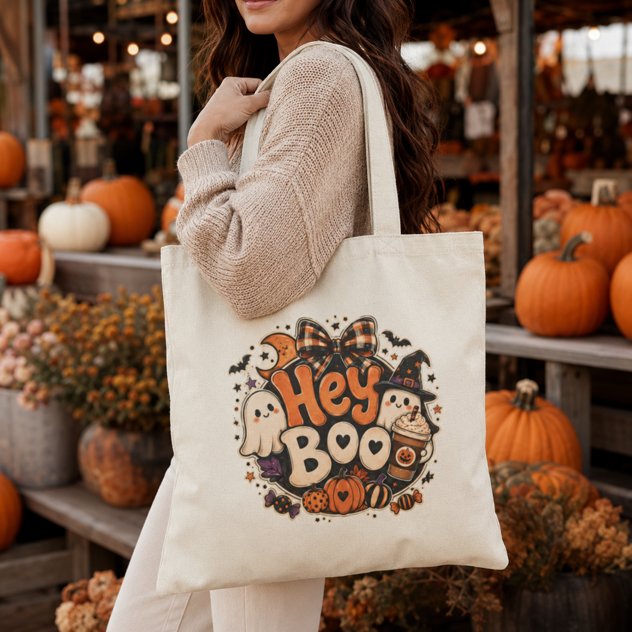 Hey Boo Halloween Tote Bag | Cute Ghosts, Pumpkins, Bats Canvas Tote