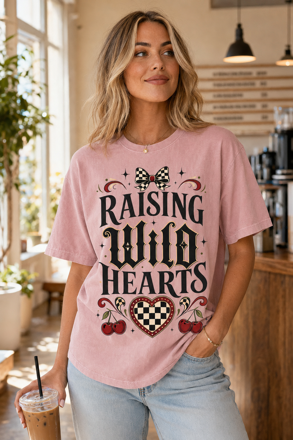 Raising Wild Hearts Mom Shirt, Gothic Coquette Comfort Colors Tee, Checkered Bow Cherry Motherhood Gift