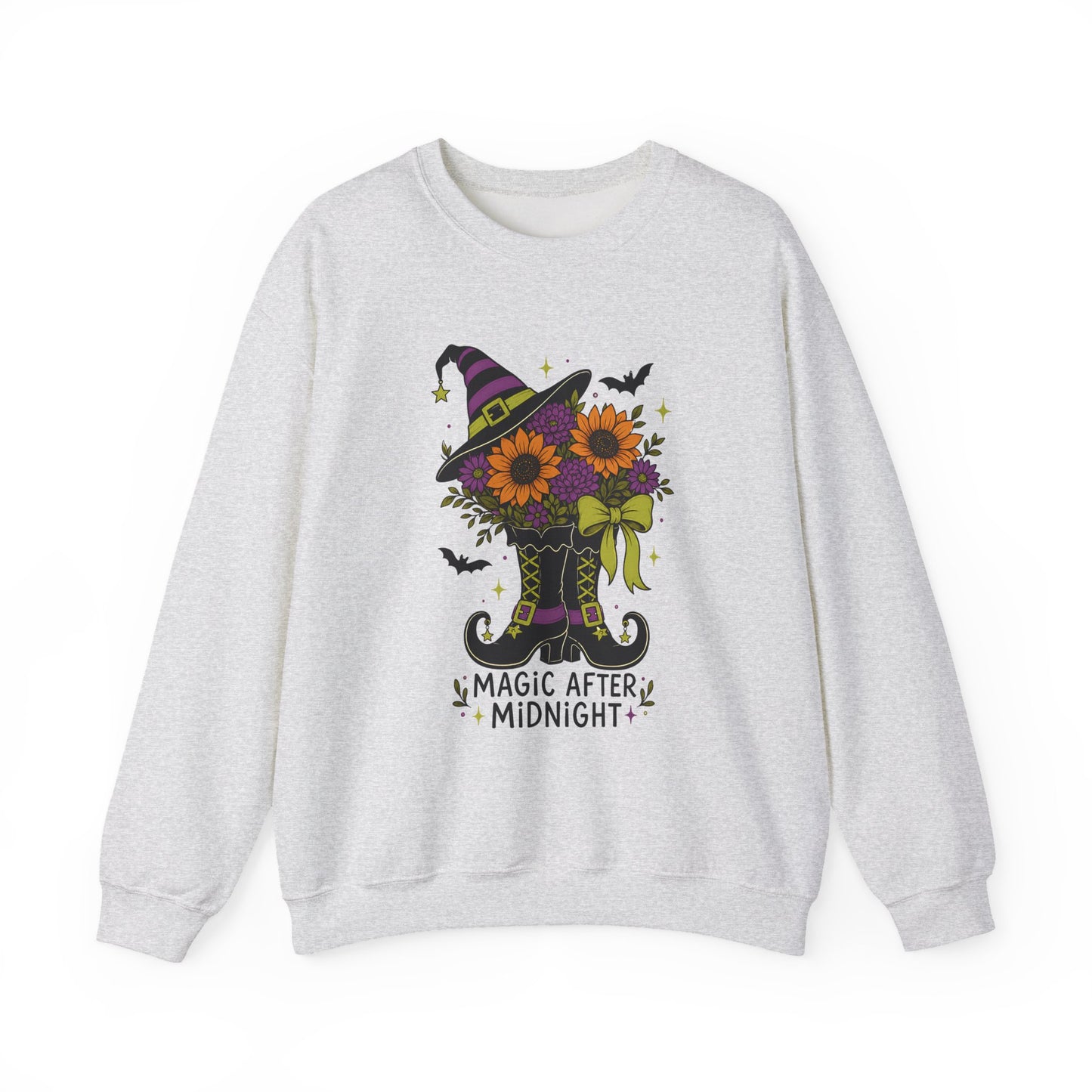 Magic After Midnight Unisex Halloween Crewneck Sweatshirt, Retro Witch Boots Floral Graphic Pullover