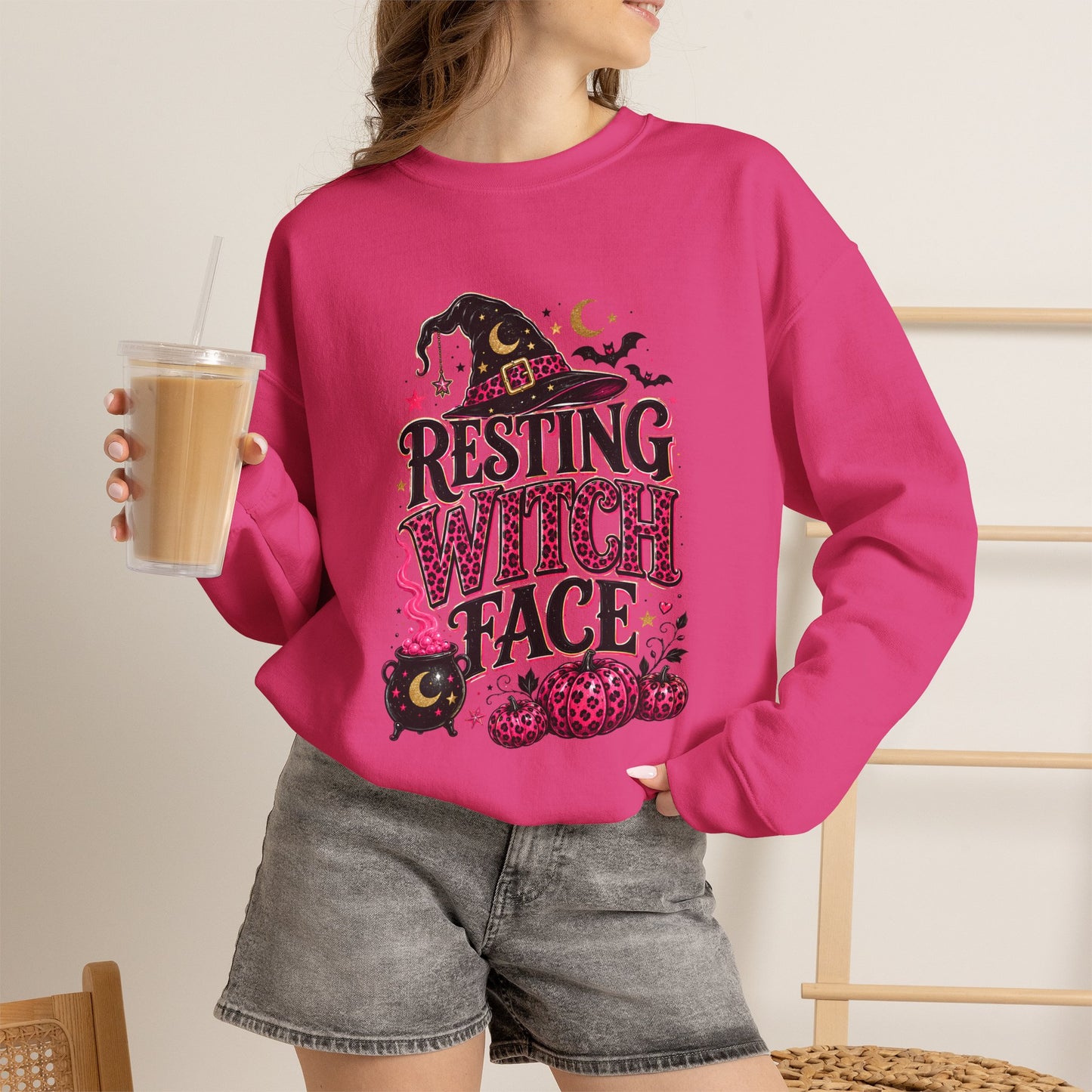 Resting Witch Face Pink Leopard Bow Halloween Sweatshirt