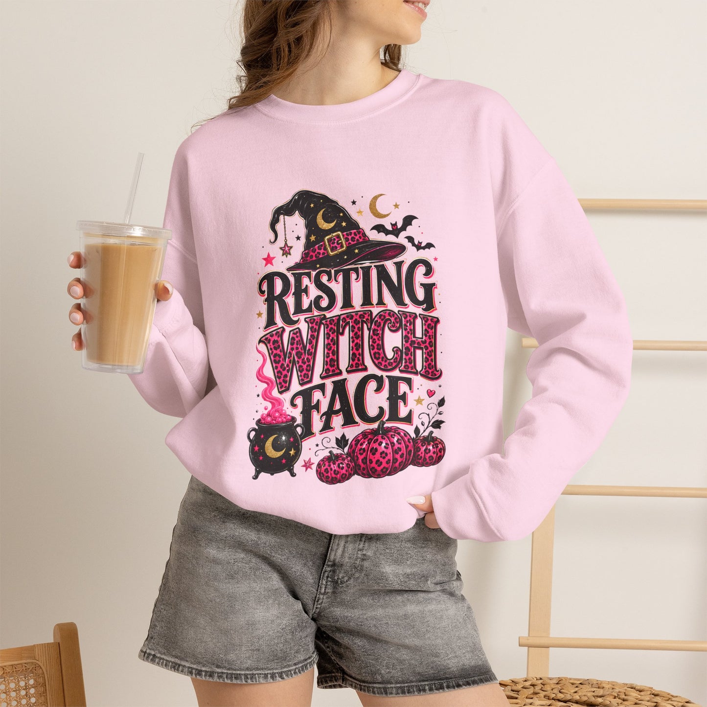 Resting Witch Face Pink Leopard Bow Halloween Sweatshirt