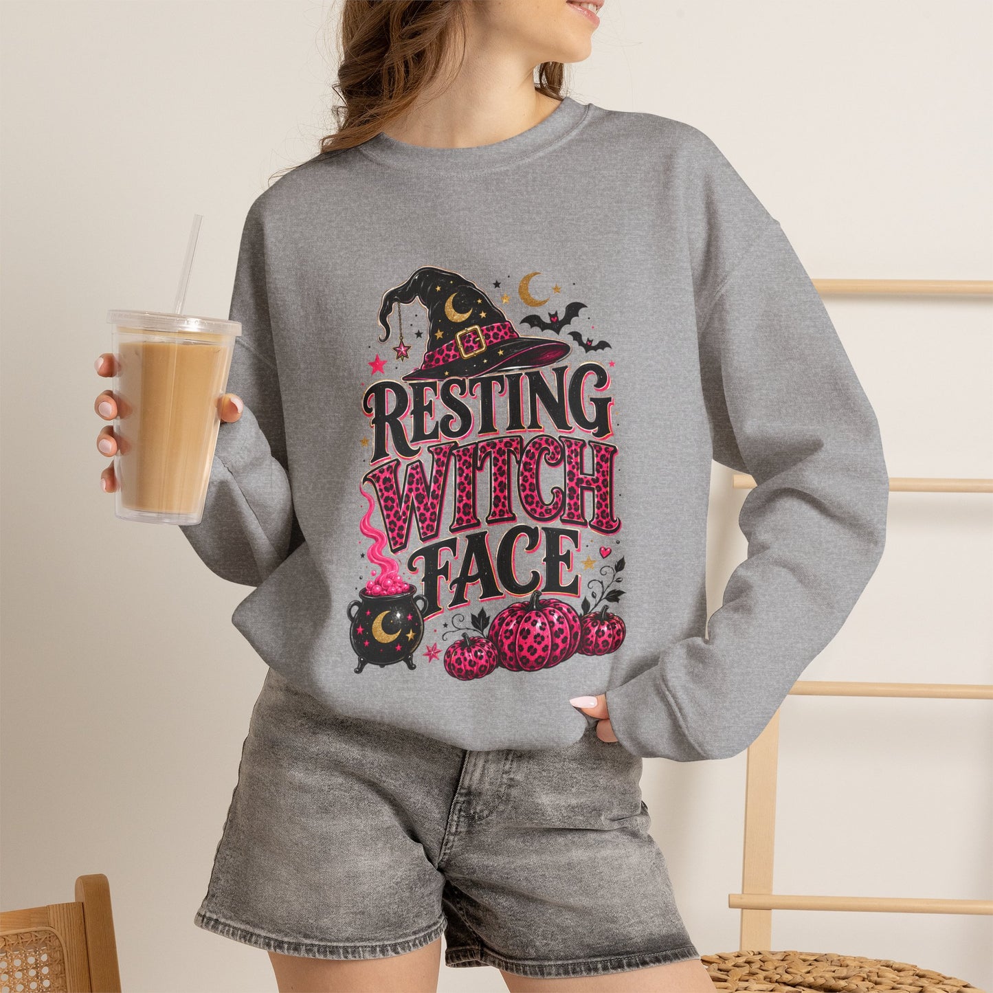 Resting Witch Face Pink Leopard Bow Halloween Sweatshirt