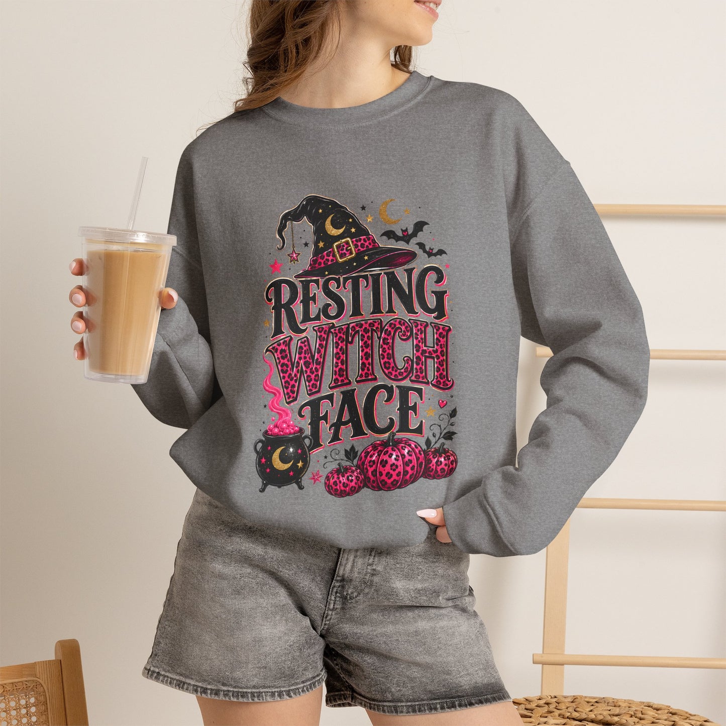 Resting Witch Face Pink Leopard Bow Halloween Sweatshirt
