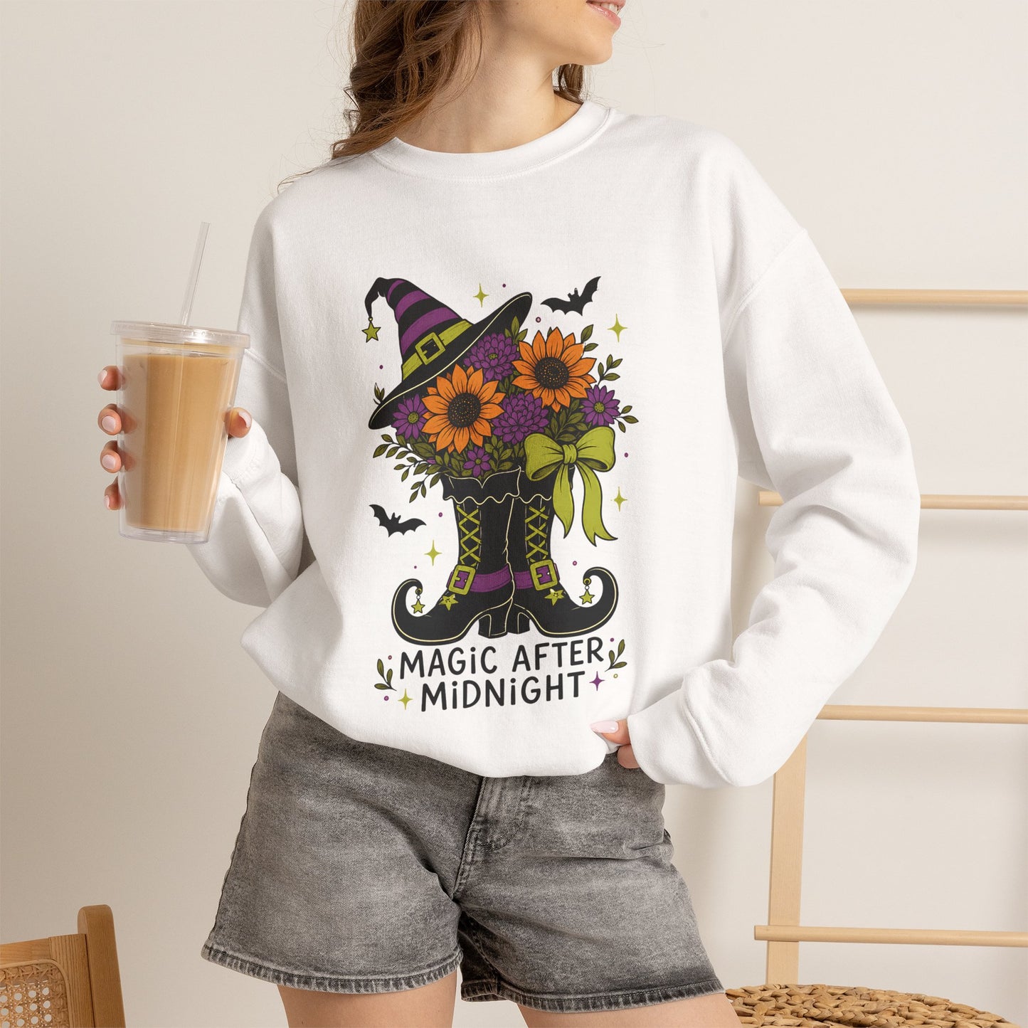 Magic After Midnight Unisex Halloween Crewneck Sweatshirt, Retro Witch Boots Floral Graphic Pullover