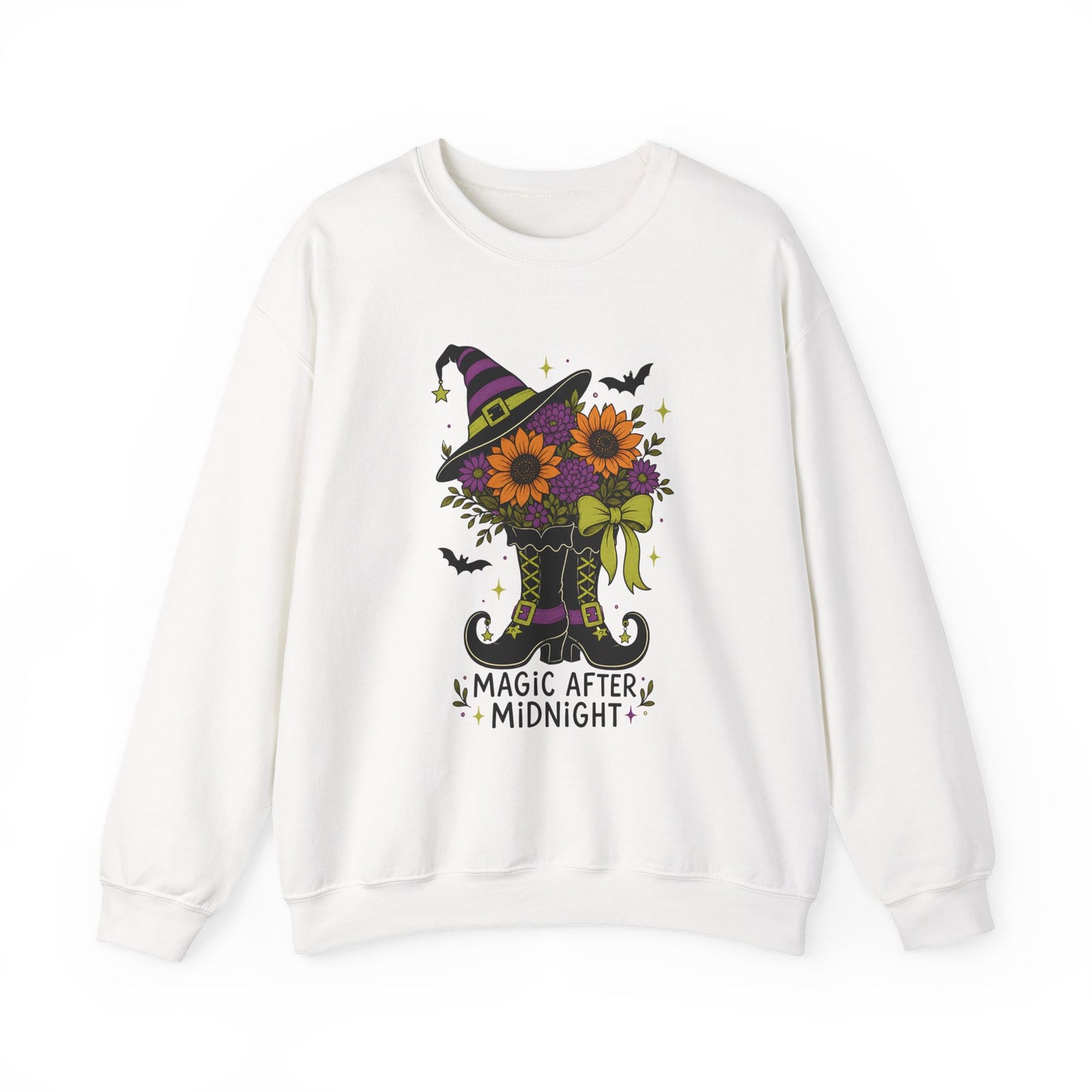 Magic After Midnight Unisex Halloween Crewneck Sweatshirt, Retro Witch Boots Floral Graphic Pullover