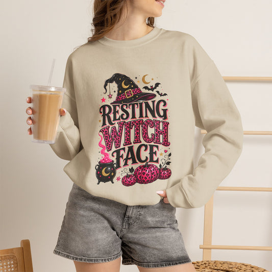 Resting Witch Face Pink Leopard Bow Halloween Sweatshirt