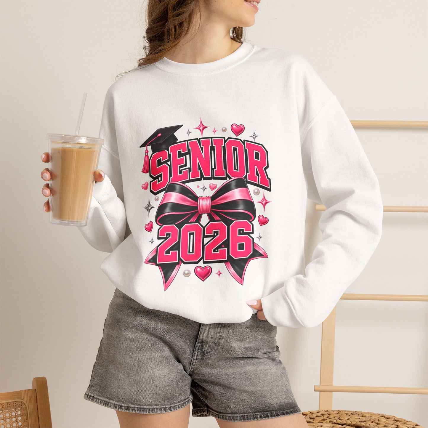 Senior 2026 Sweatshirt, Pink and Black Bow Graduation Crewneck, Class of 2026 Gift, Coquette Senior Sweater for Her