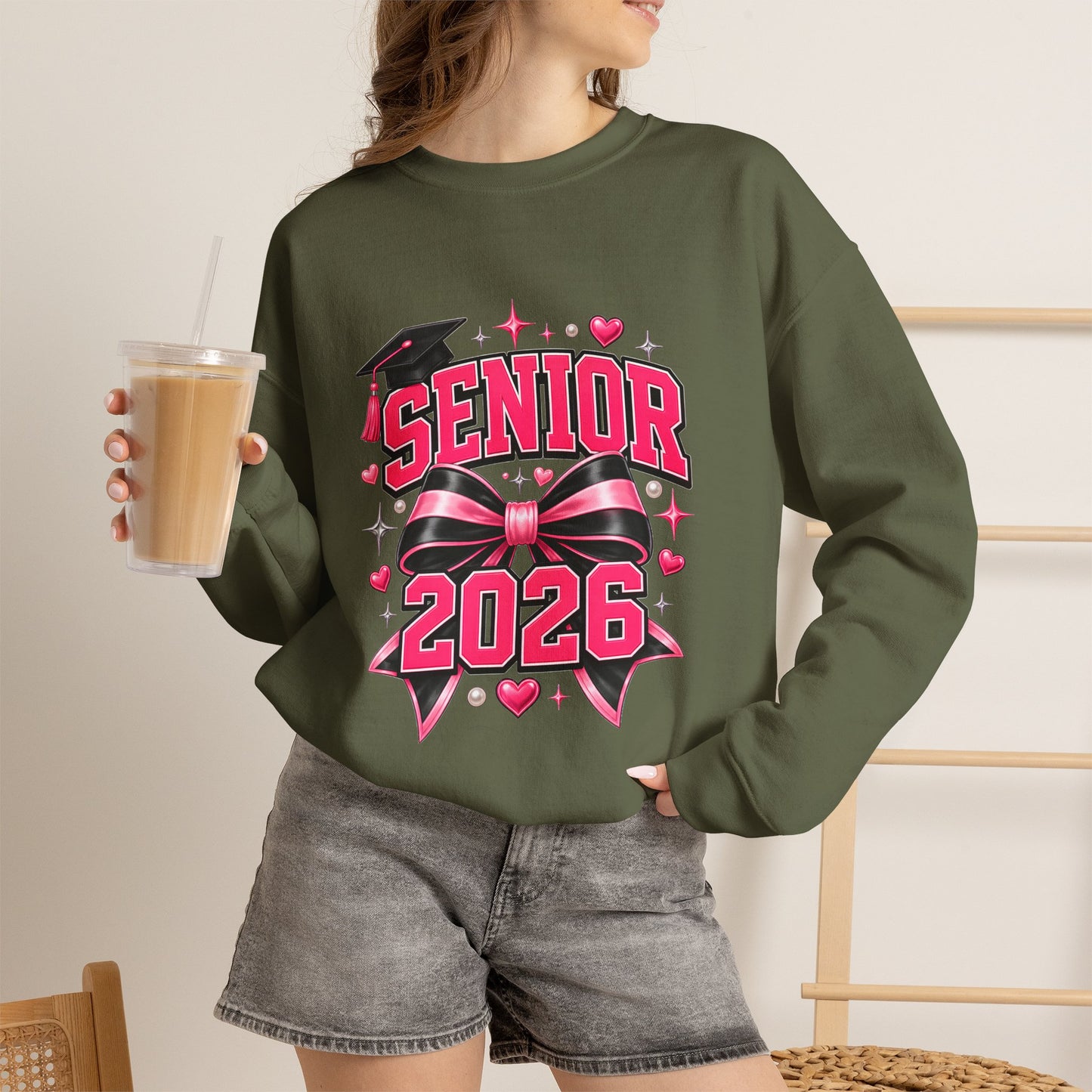 Senior 2026 Sweatshirt, Pink and Black Bow Graduation Crewneck, Class of 2026 Gift, Coquette Senior Sweater for Her