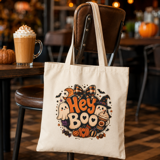 Hey Boo Halloween Tote Bag | Cute Ghosts, Pumpkins, Bats Canvas Tote