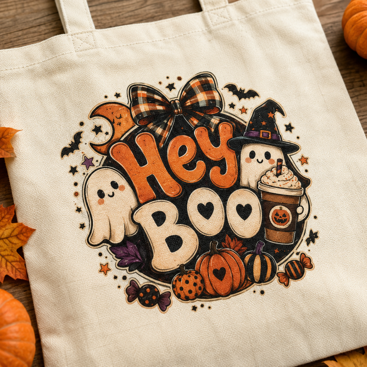 Hey Boo Halloween Tote Bag | Cute Ghosts, Pumpkins, Bats Canvas Tote