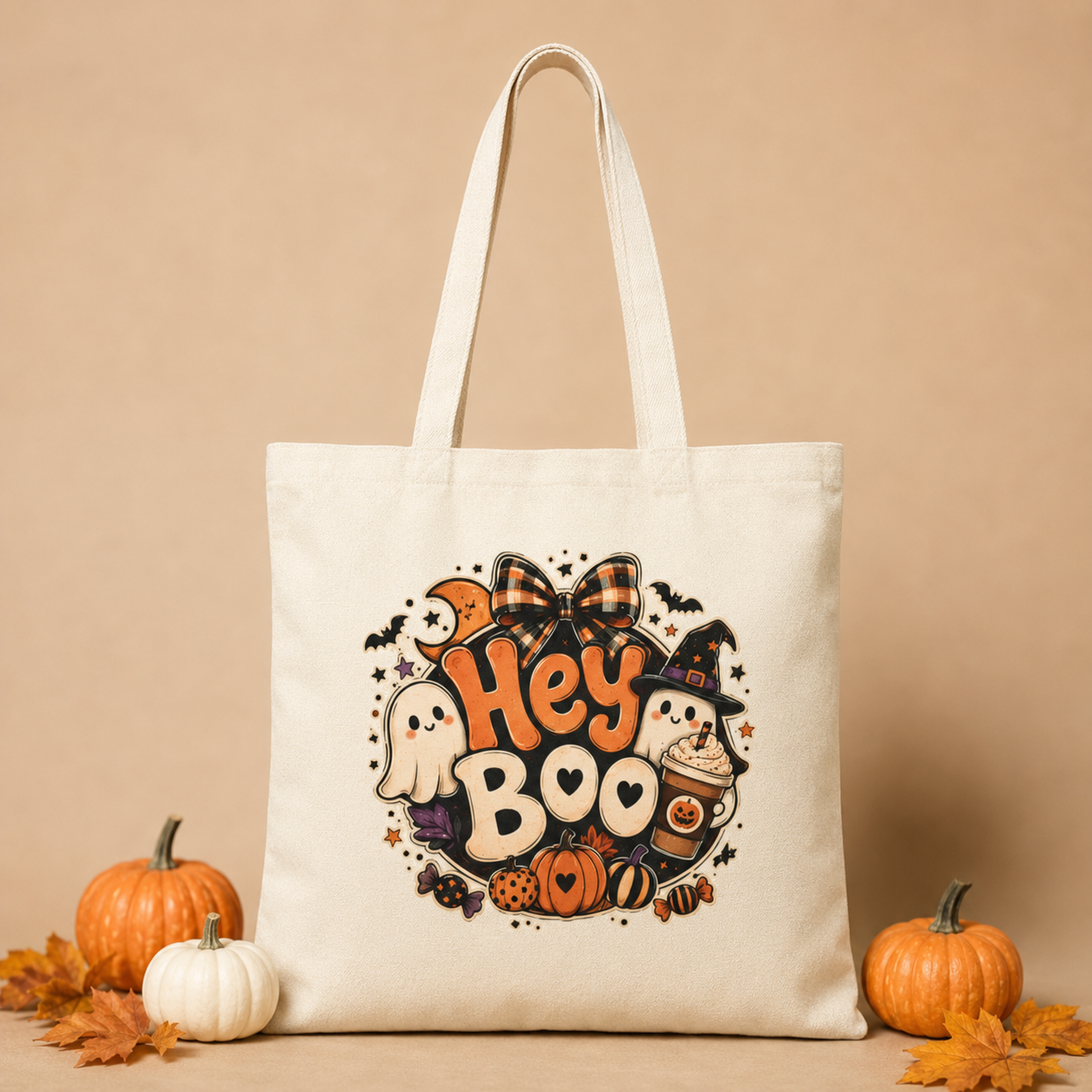 Hey Boo Halloween Tote Bag | Cute Ghosts, Pumpkins, Bats Canvas Tote