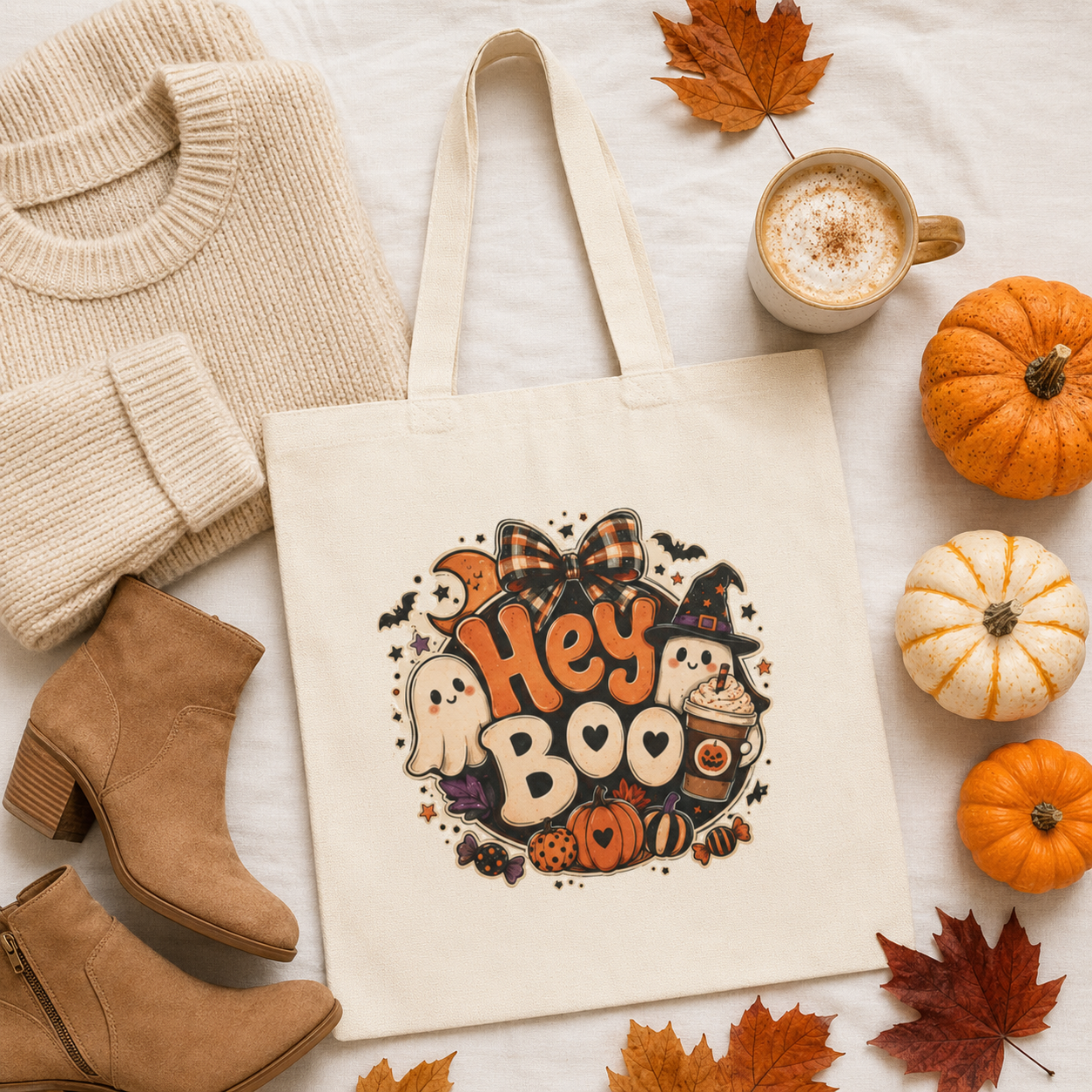Hey Boo Halloween Tote Bag | Cute Ghosts, Pumpkins, Bats Canvas Tote