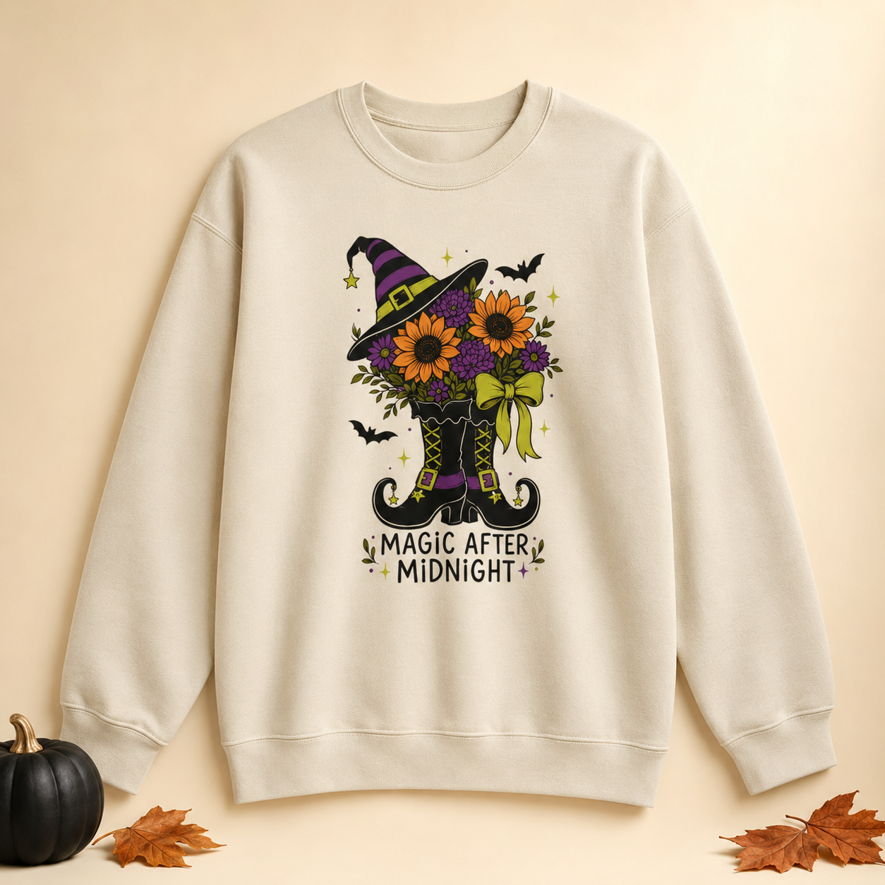 Magic After Midnight Unisex Halloween Crewneck Sweatshirt, Retro Witch Boots Floral Graphic Pullover