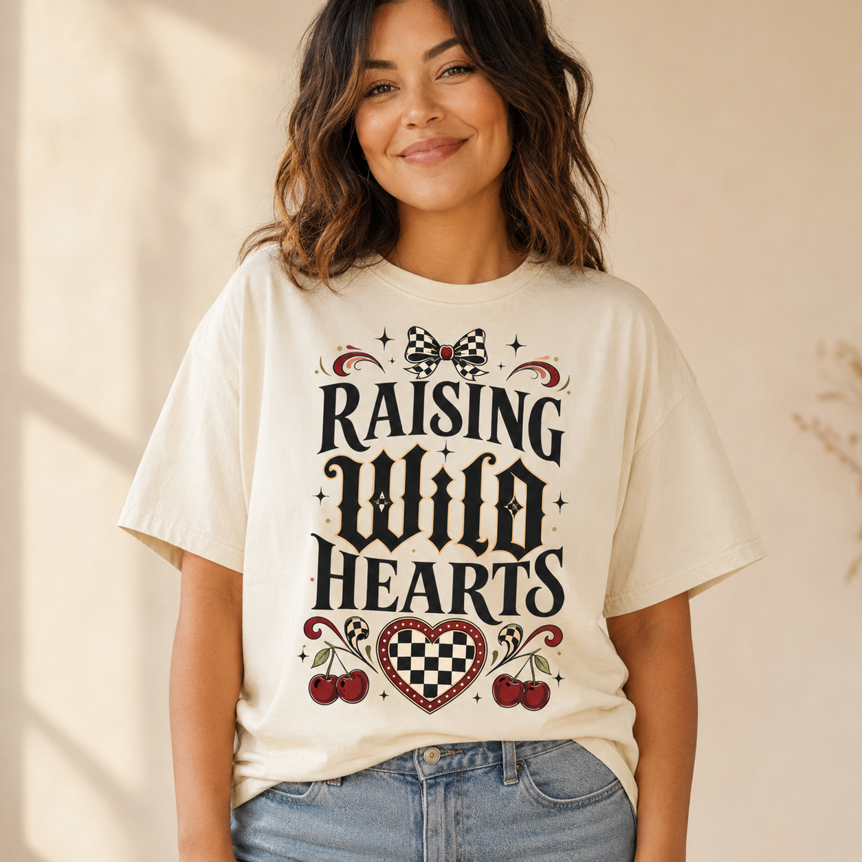 Raising Wild Hearts Mom Shirt, Gothic Coquette Comfort Colors Tee, Checkered Bow Cherry Motherhood Gift
