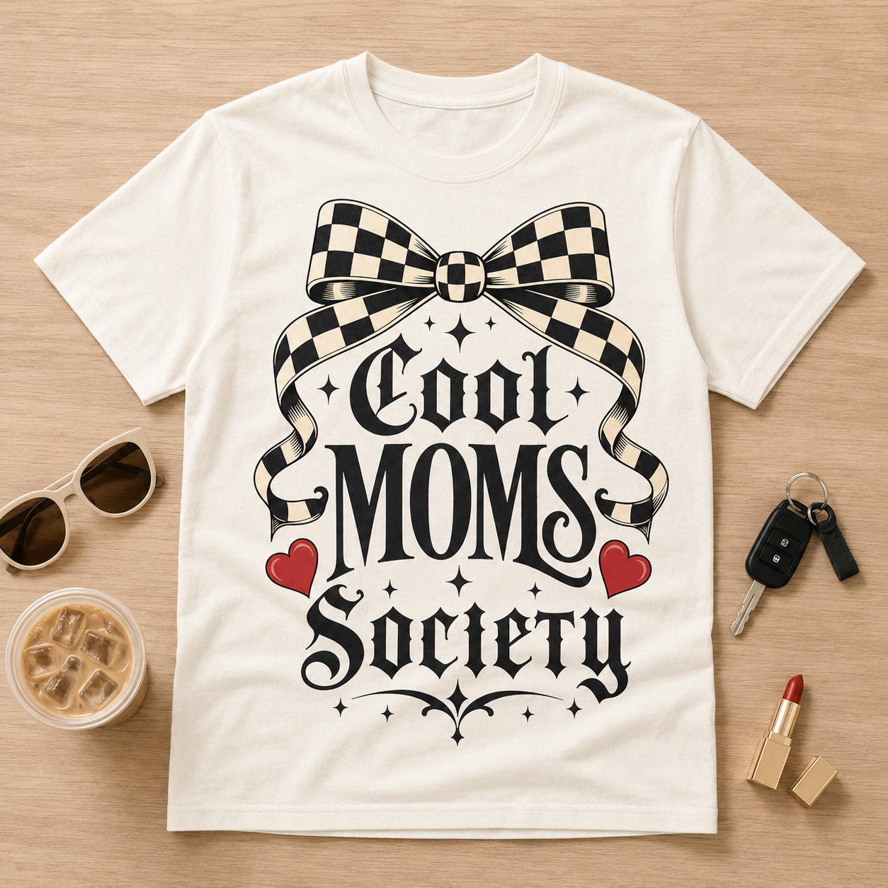Cool Moms Society Shirt: Gothic Coquette Checkered Bow Mom Tee