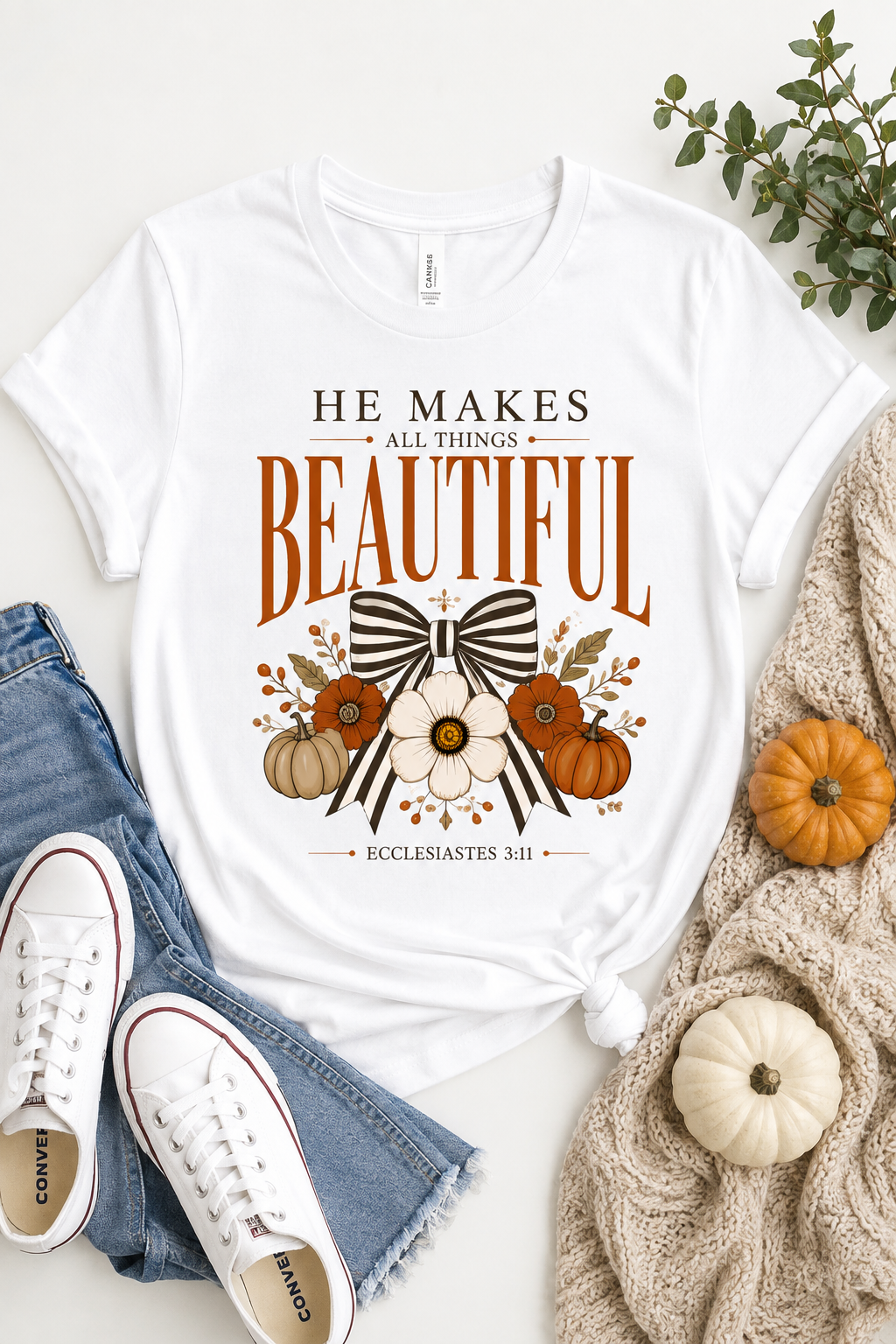 He Makes All Things Beautiful Christian Fall Shirt | Ecclesiastes 3:11 Graphic Tee | Faith Pumpkin Bow T-Shirt