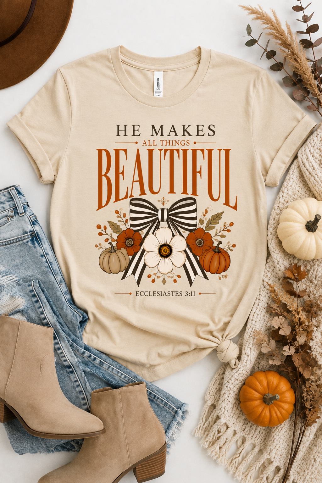 He Makes All Things Beautiful Christian Fall Shirt | Ecclesiastes 3:11 Graphic Tee | Faith Pumpkin Bow T-Shirt