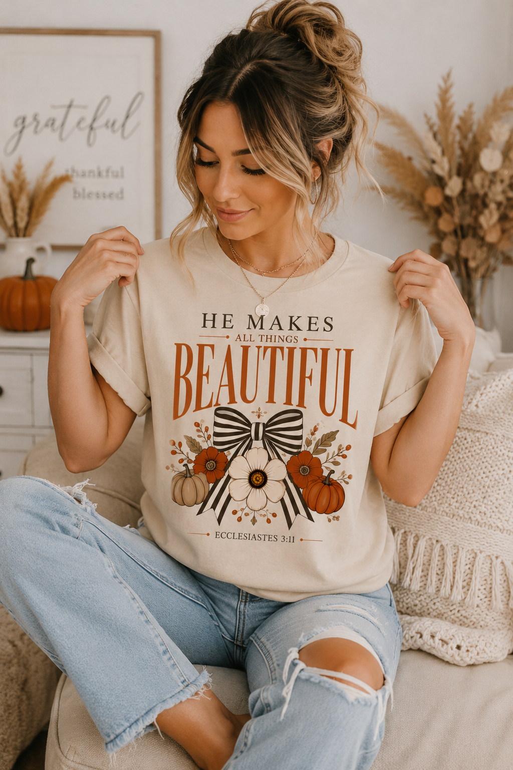 He Makes All Things Beautiful Christian Fall Shirt | Ecclesiastes 3:11 Graphic Tee | Faith Pumpkin Bow T-Shirt