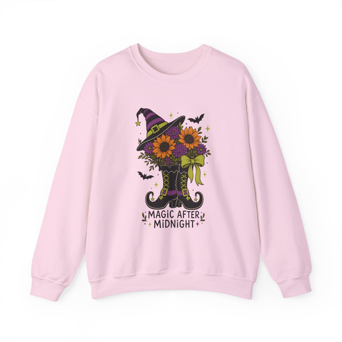 Magic After Midnight Unisex Halloween Crewneck Sweatshirt, Retro Witch Boots Floral Graphic Pullover
