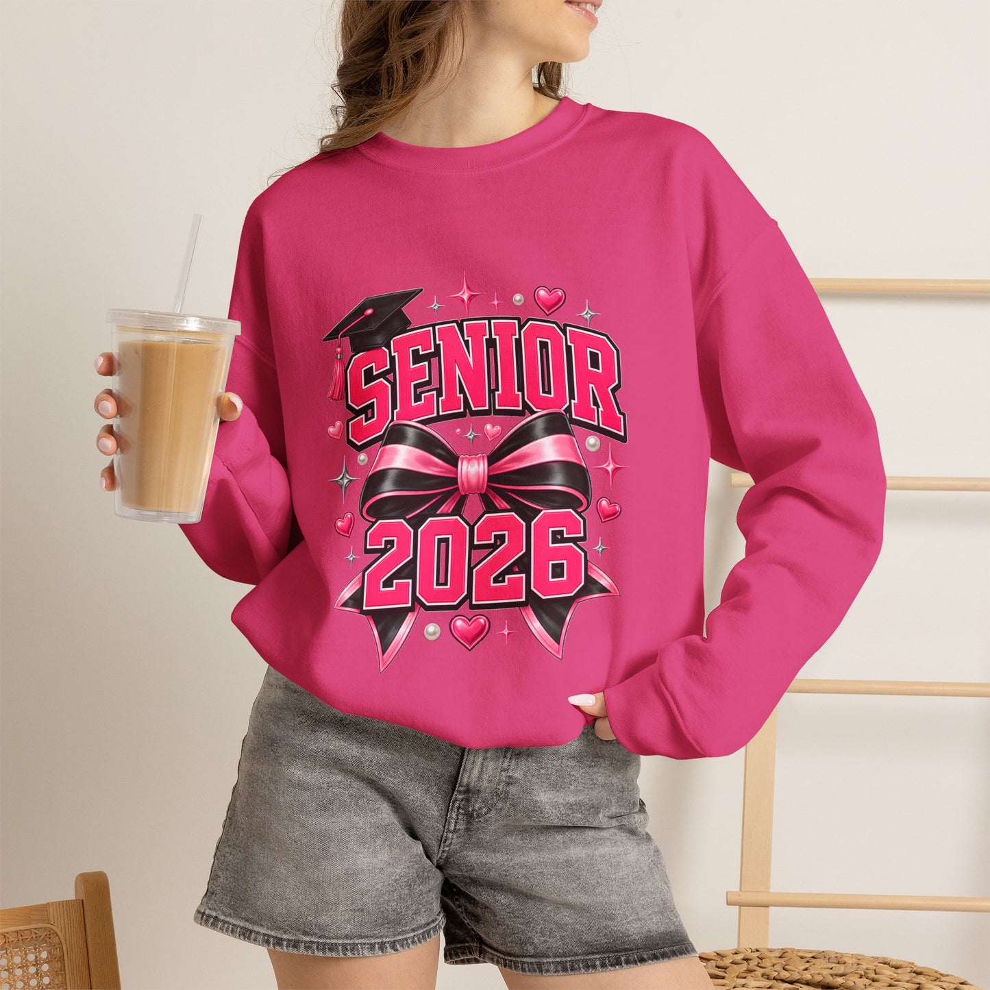 Senior 2026 Sweatshirt, Pink and Black Bow Graduation Crewneck, Class of 2026 Gift, Coquette Senior Sweater for Her