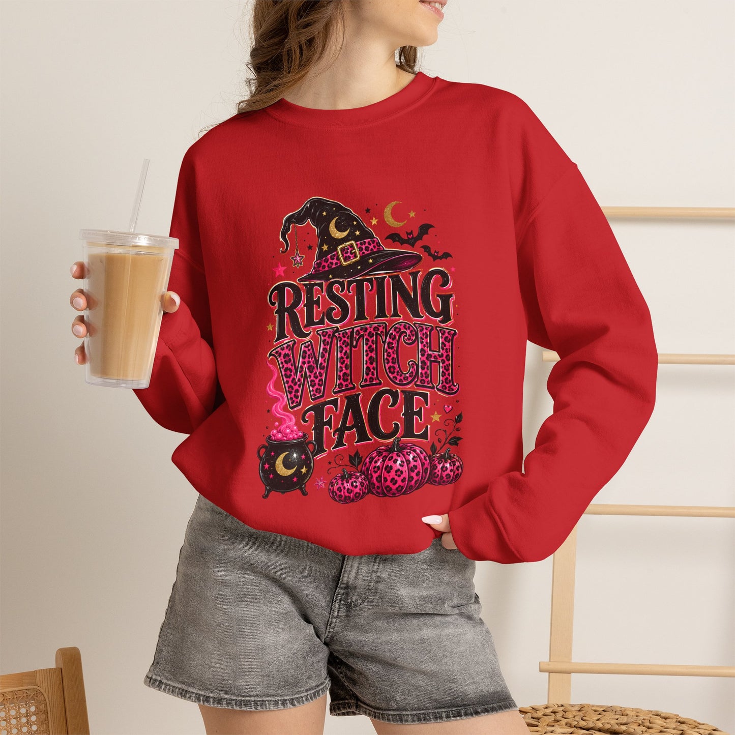 Resting Witch Face Pink Leopard Bow Halloween Sweatshirt