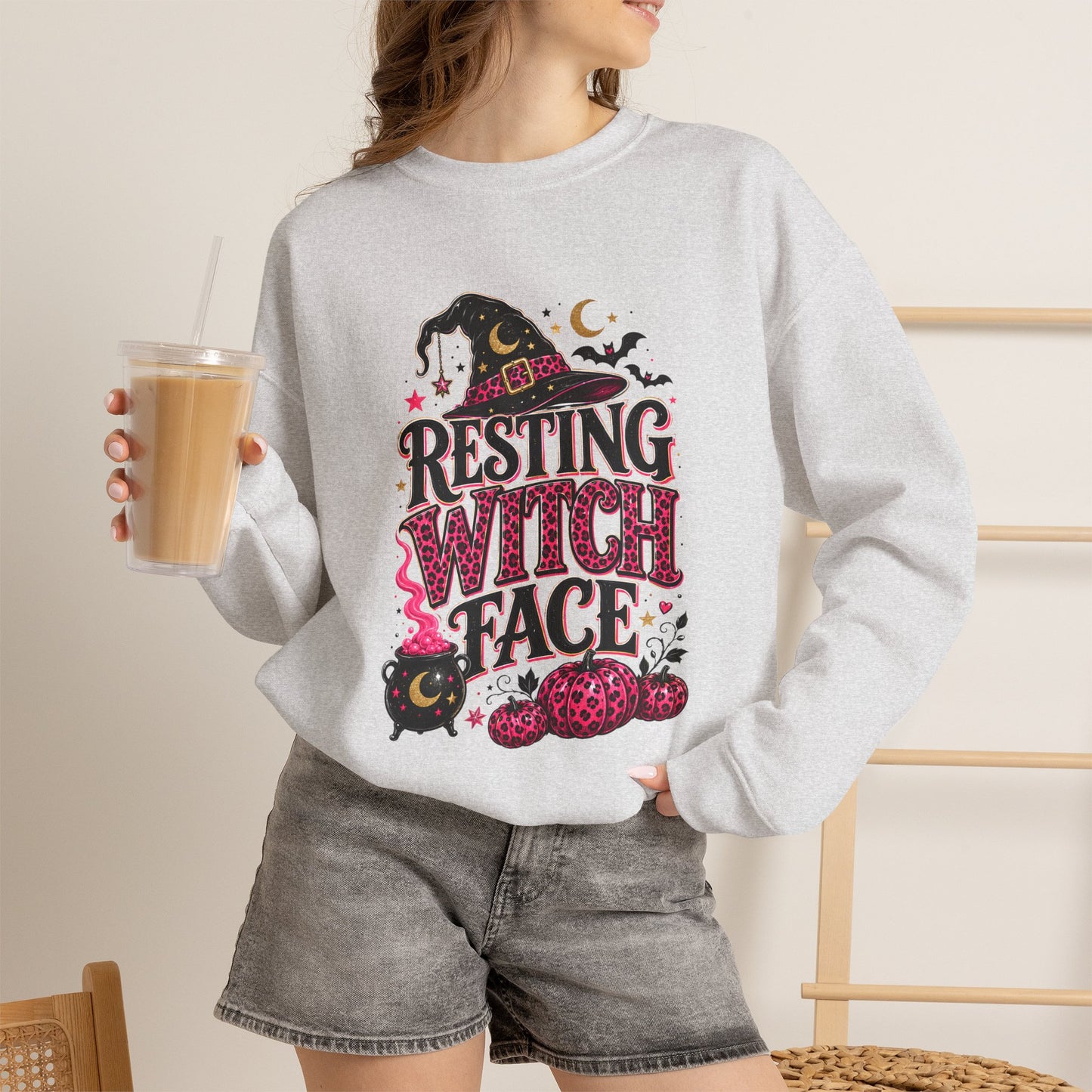 Resting Witch Face Pink Leopard Bow Halloween Sweatshirt