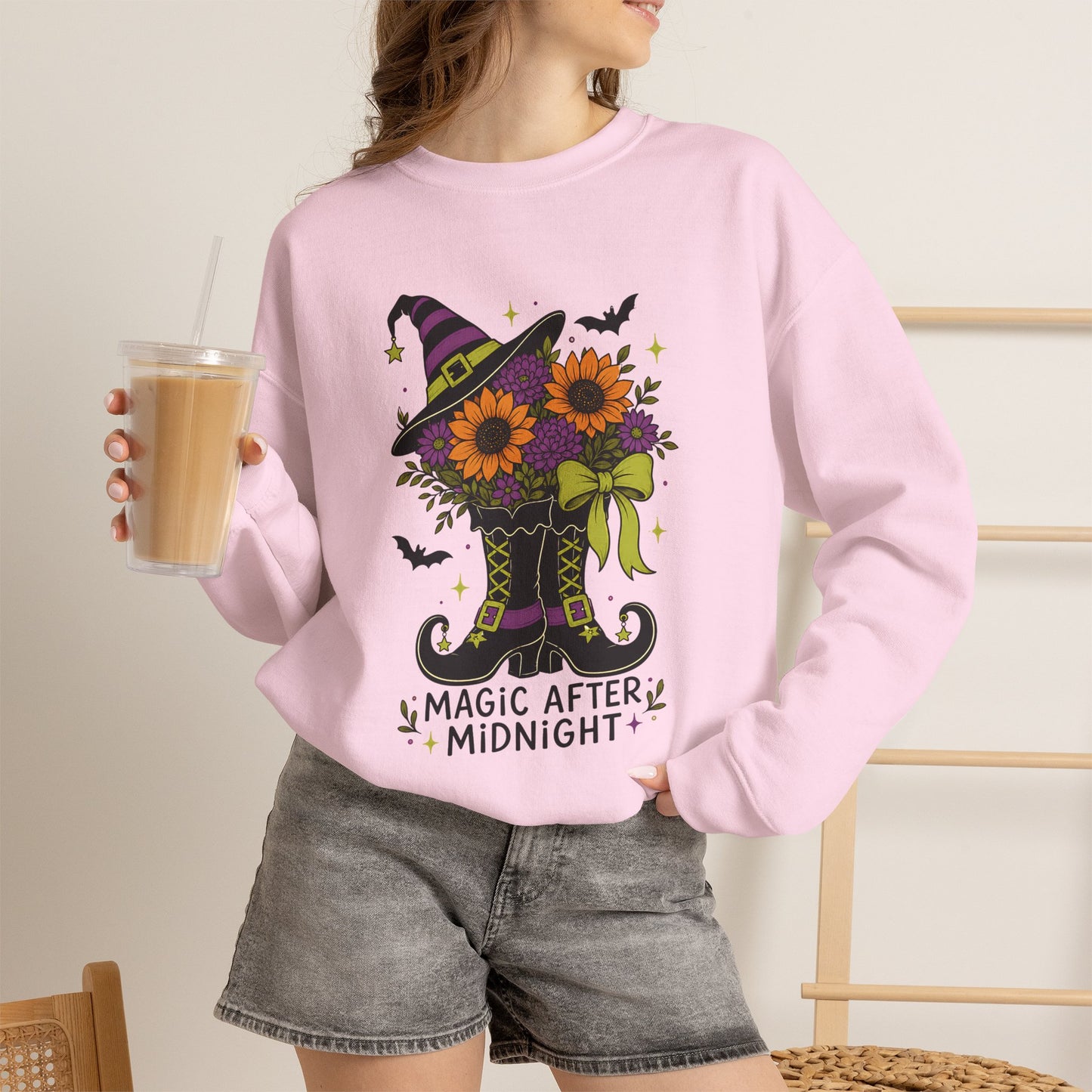 Magic After Midnight Unisex Halloween Crewneck Sweatshirt, Retro Witch Boots Floral Graphic Pullover