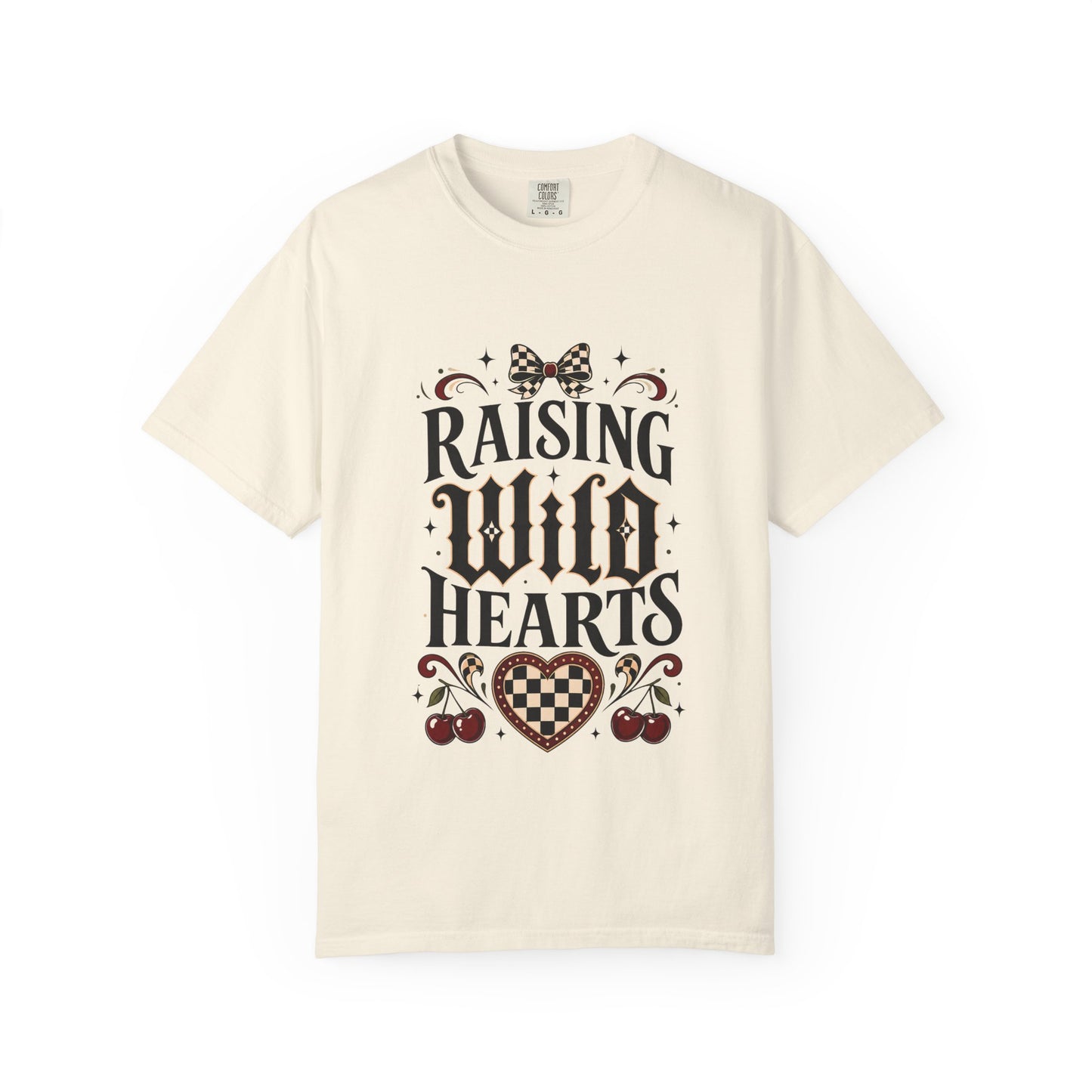 Raising Wild Hearts Mom Shirt, Gothic Coquette Comfort Colors Tee, Checkered Bow Cherry Motherhood Gift