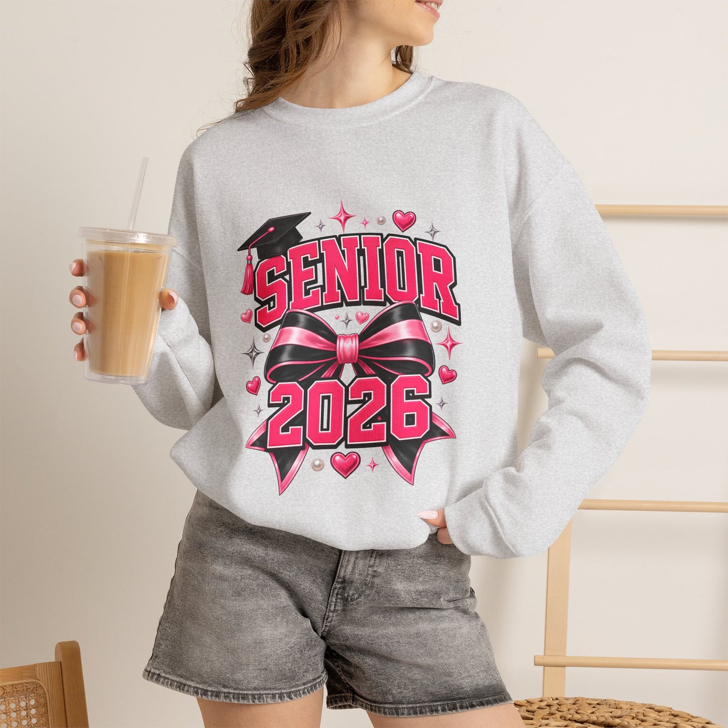 Senior 2026 Sweatshirt, Pink and Black Bow Graduation Crewneck, Class of 2026 Gift, Coquette Senior Sweater for Her