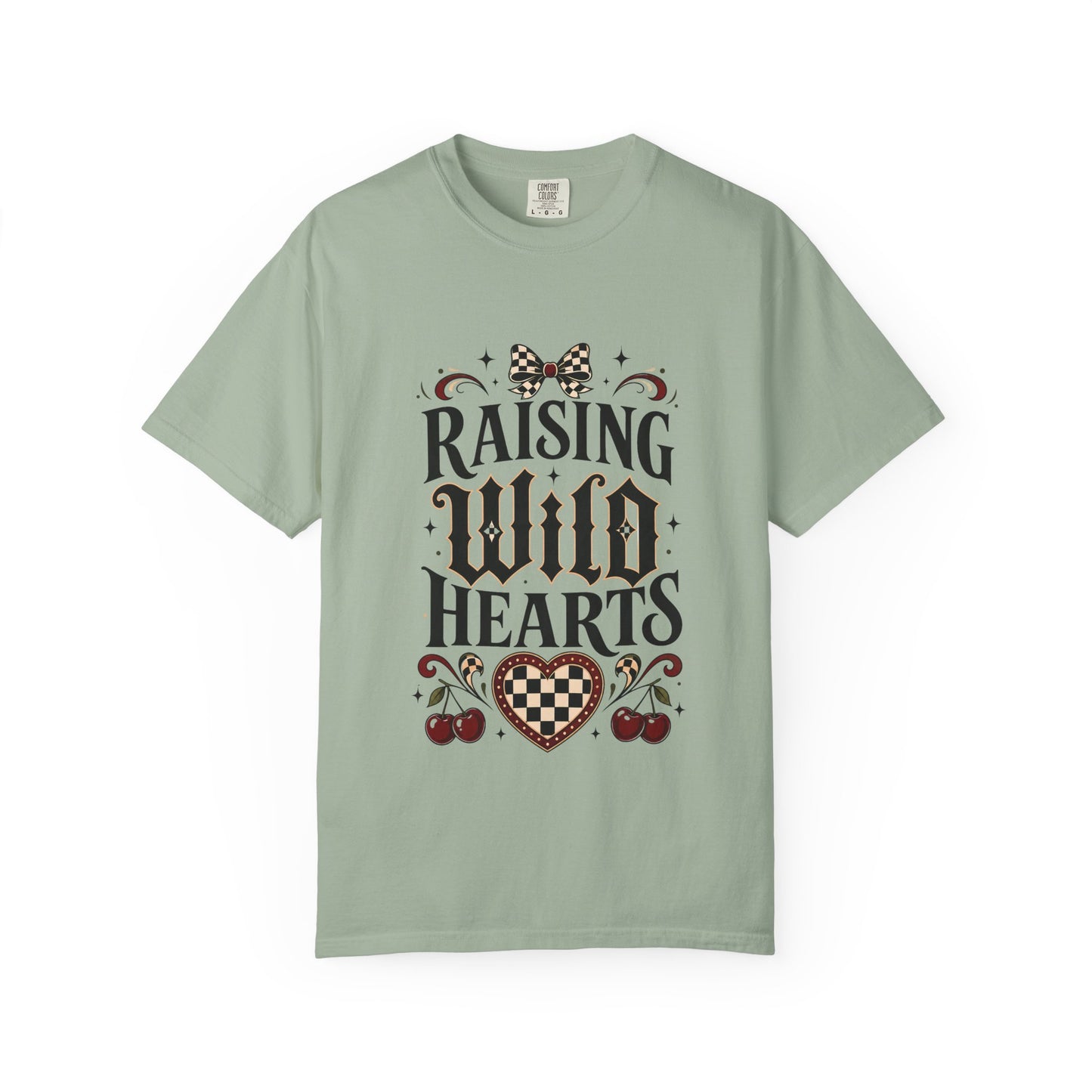 Raising Wild Hearts Mom Shirt, Gothic Coquette Comfort Colors Tee, Checkered Bow Cherry Motherhood Gift
