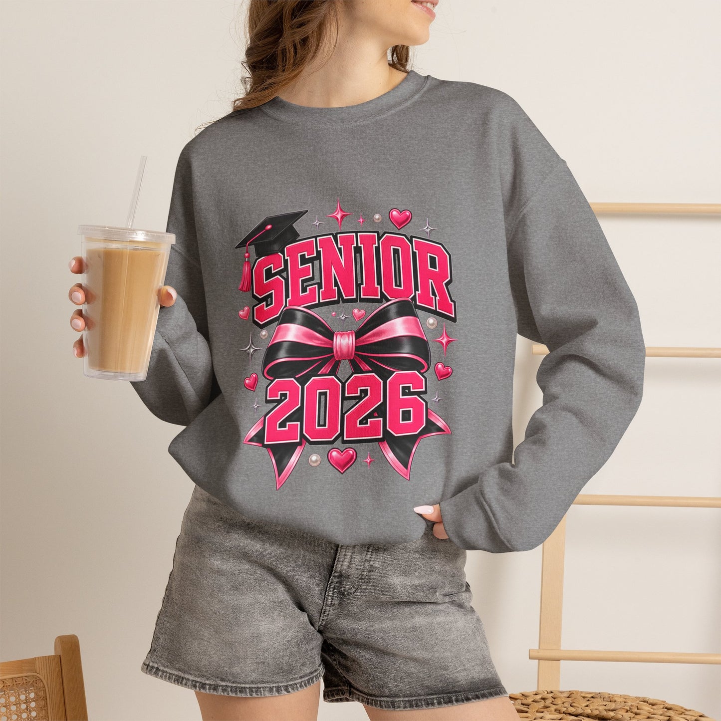 Senior 2026 Sweatshirt, Pink and Black Bow Graduation Crewneck, Class of 2026 Gift, Coquette Senior Sweater for Her