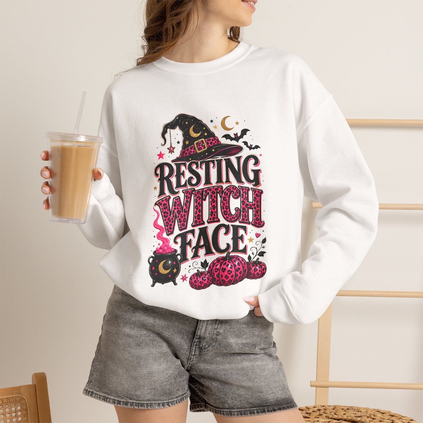 Resting Witch Face Pink Leopard Bow Halloween Sweatshirt