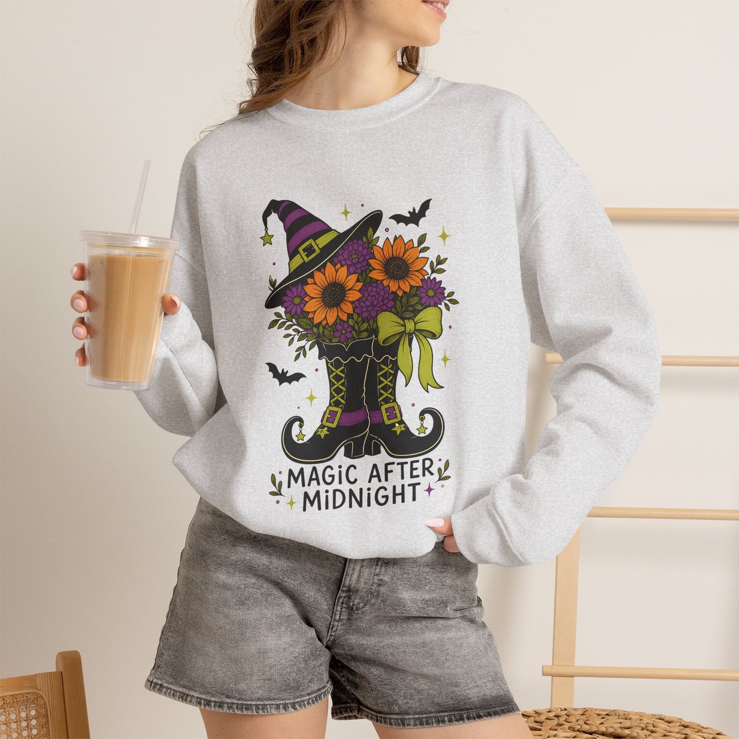 Magic After Midnight Unisex Halloween Crewneck Sweatshirt, Retro Witch Boots Floral Graphic Pullover