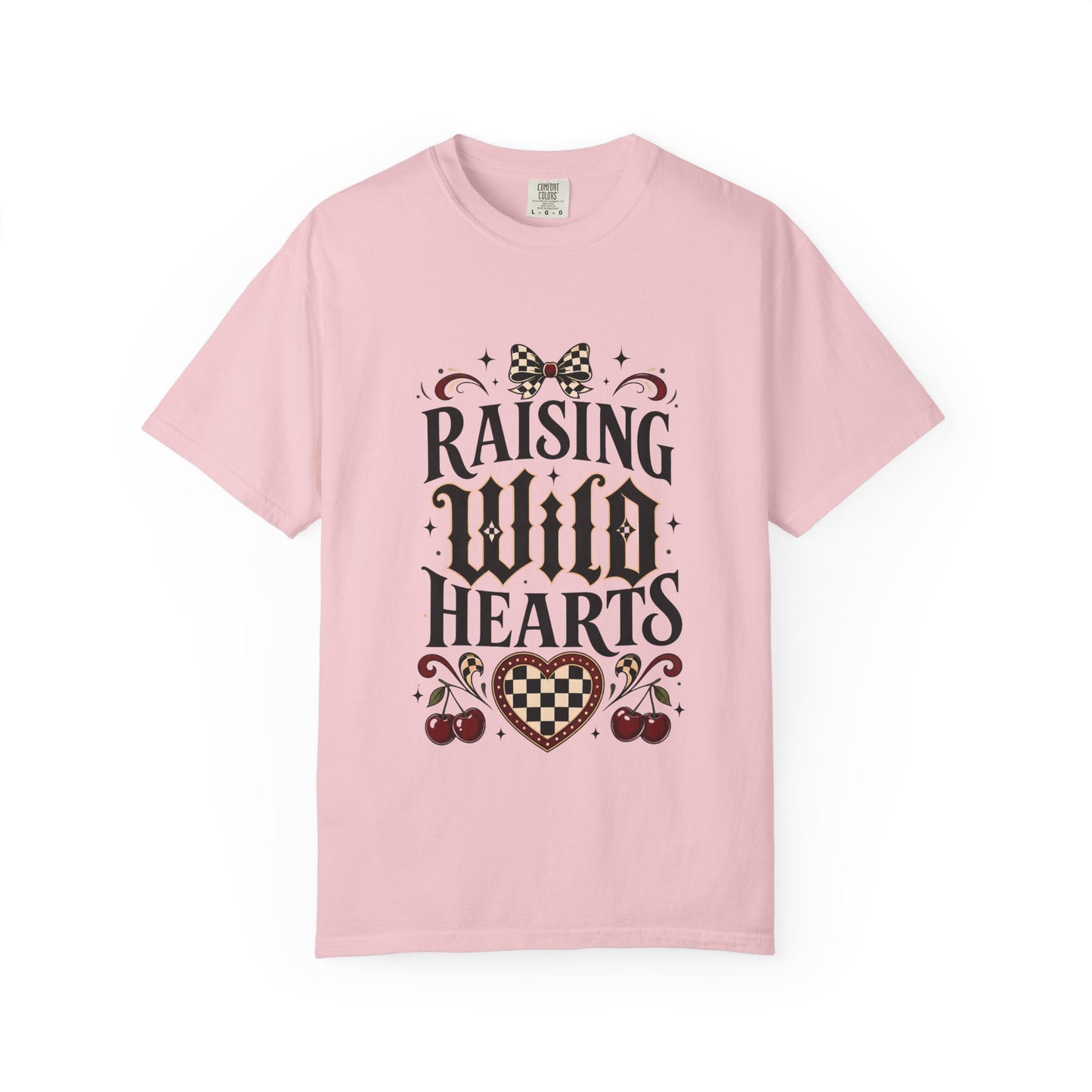 Raising Wild Hearts Mom Shirt, Gothic Coquette Comfort Colors Tee, Checkered Bow Cherry Motherhood Gift