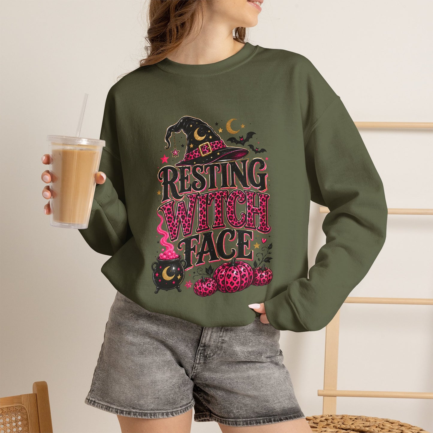 Resting Witch Face Pink Leopard Bow Halloween Sweatshirt