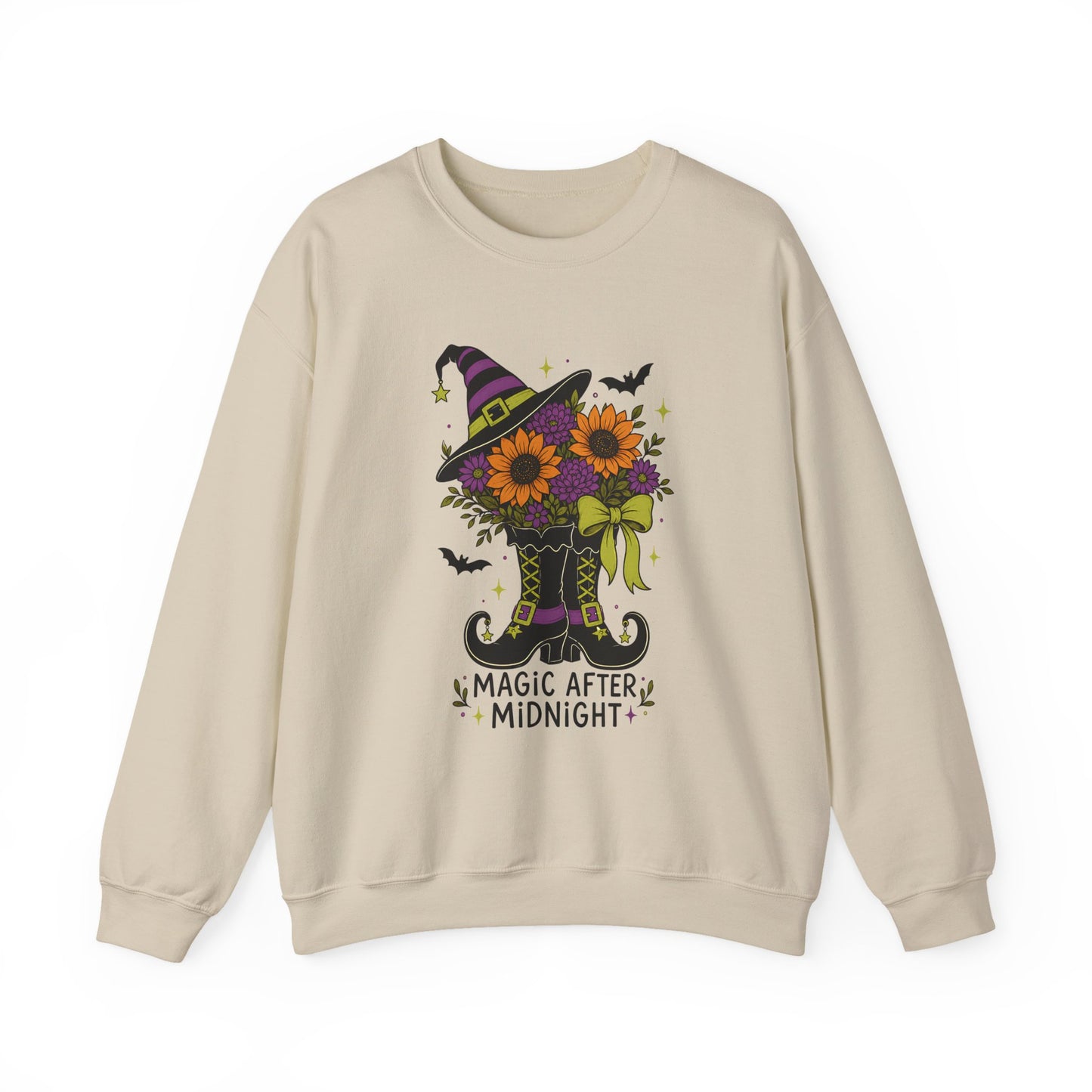 Magic After Midnight Unisex Halloween Crewneck Sweatshirt, Retro Witch Boots Floral Graphic Pullover